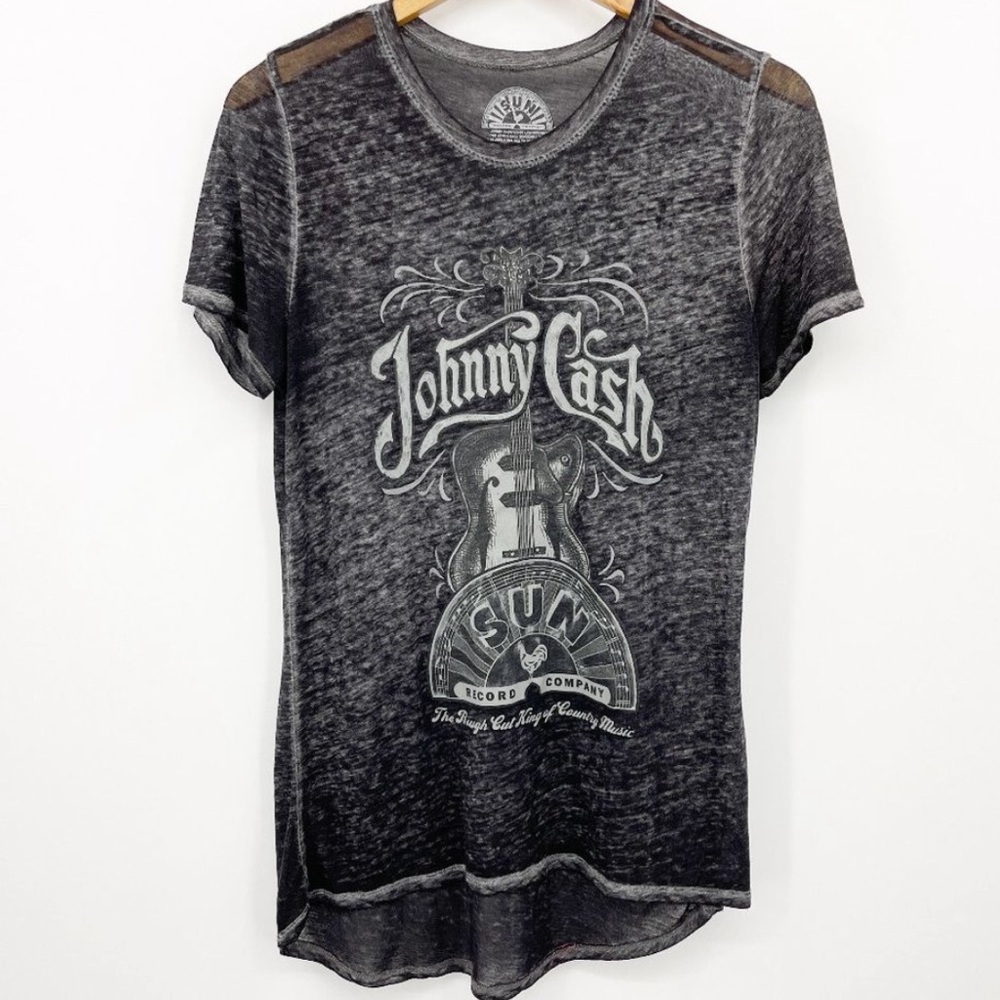 🔥JOHNNY CASH🔥SUN RECORD COMPANY BURNOUT BAND TEE T-SHIRT GRAY NWT - Picture 2 of 4